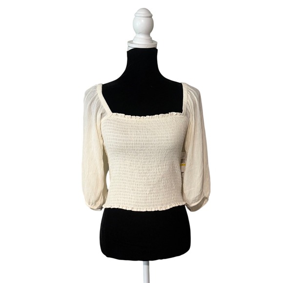 1.STATE Tops - 1.STATE Womens Medium NWT Smocked Crop Top Ivory Square Neck Puff Sleeve Boho